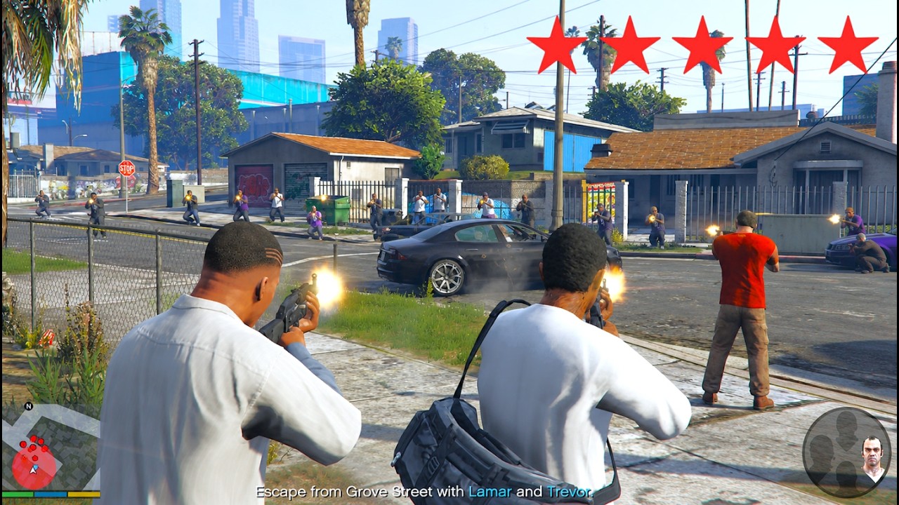 GTA 5 - Trevor, Franklin & Lamar Attack Grove Street Gang + 5 Star ...