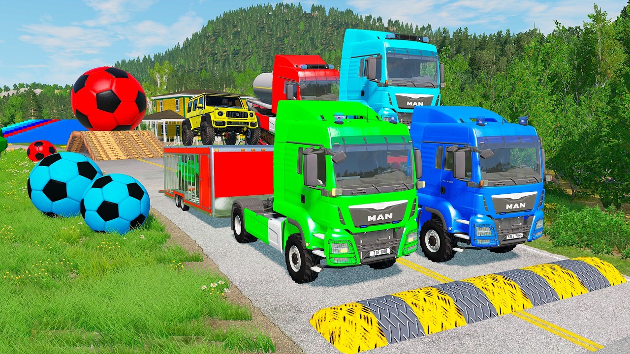 Flatbed Trailer McQueen Transportation with Truck - Speedbumps vs Cars vs Train - BeamNG.Drive #172