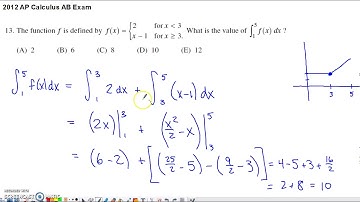 2012 AP Calculus AB Multiple Choice #13 - Definite Integral of Piecewise Function