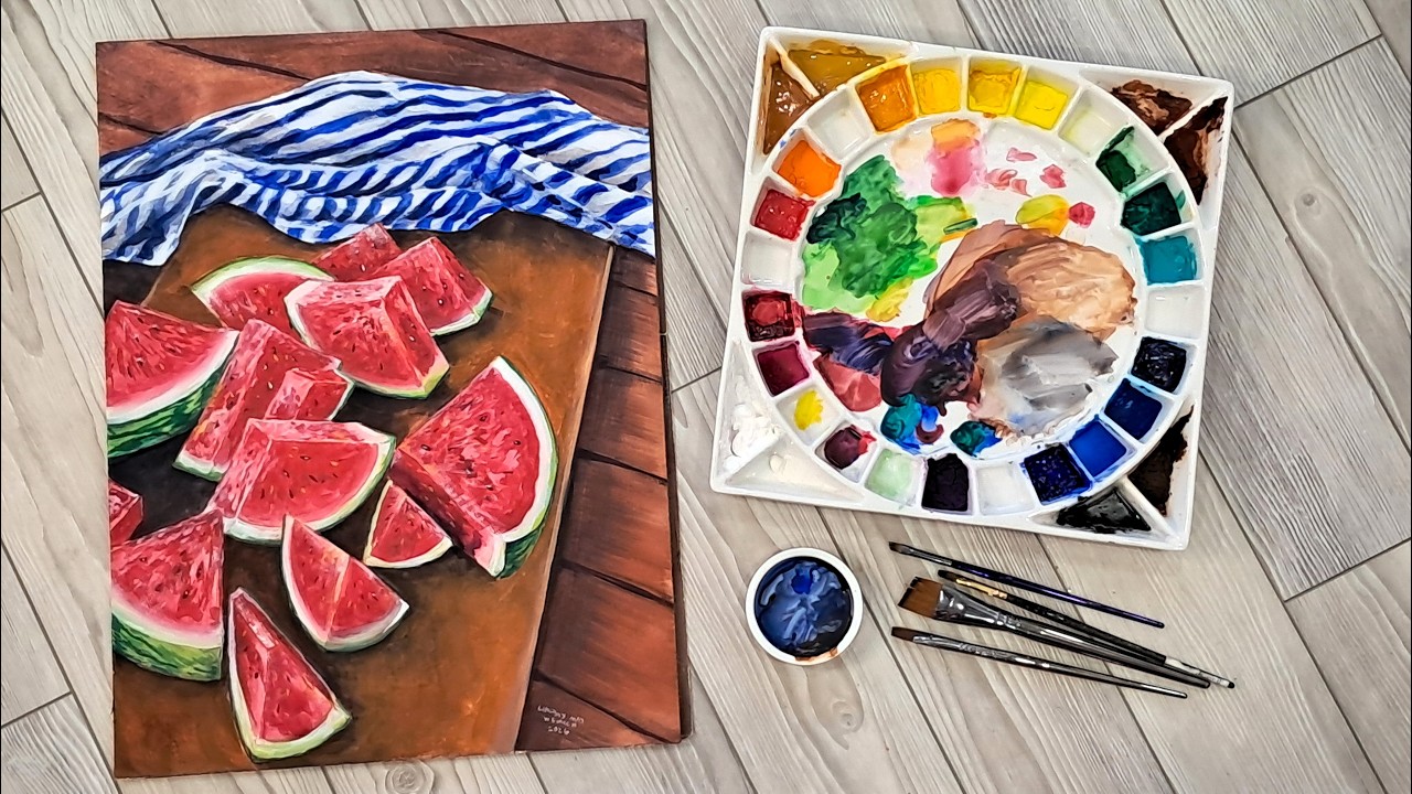 Используйте испорченную бумагу! Натюрморт с арбузом, выполненный гуашью.