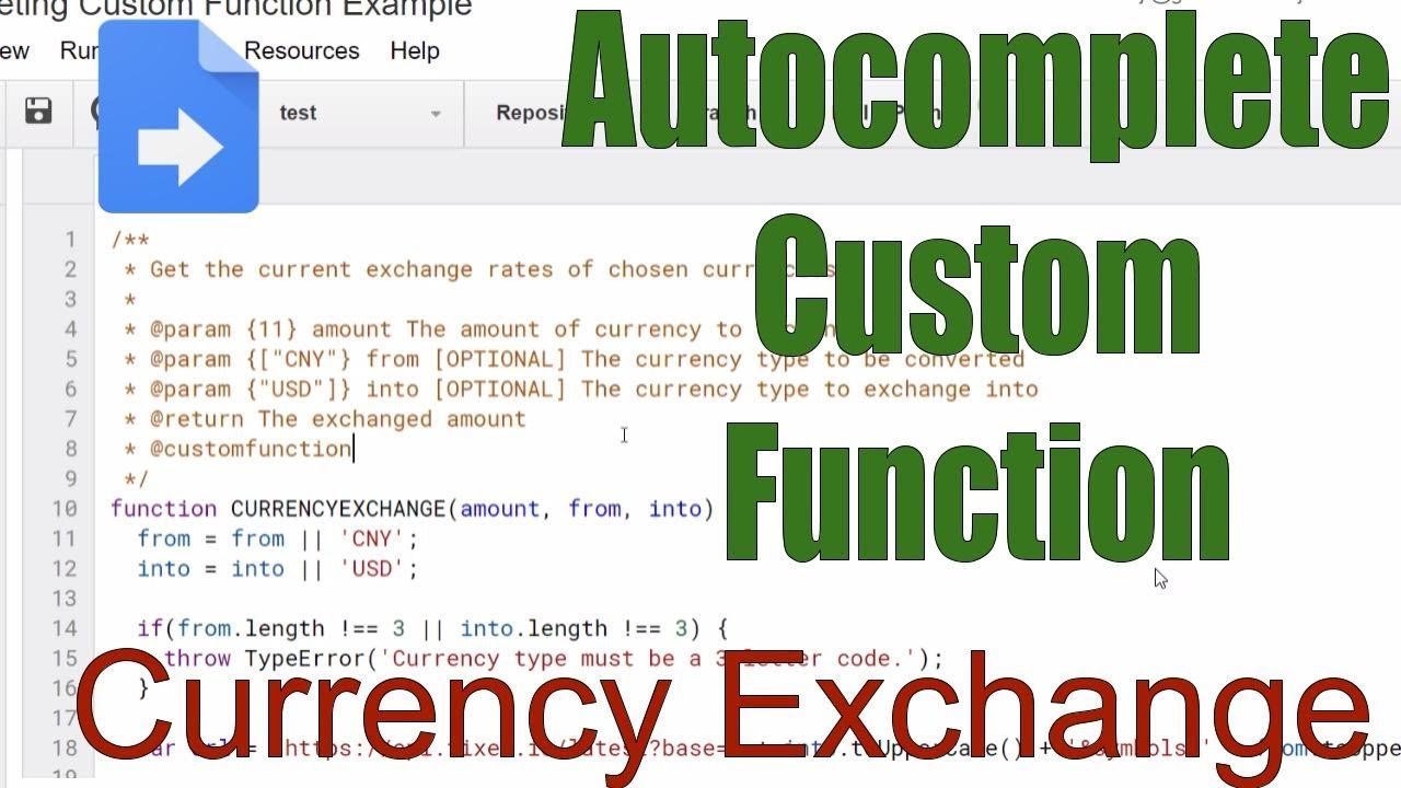 Apps Script: Autocompleting Custom Functions and Currency Exchange