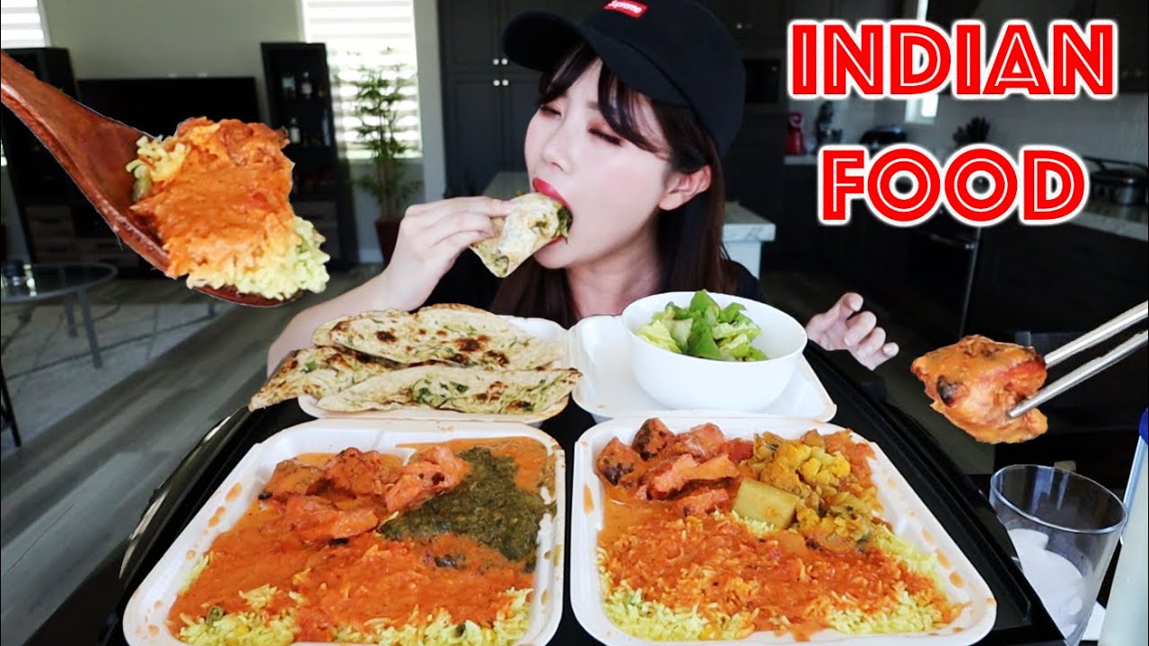 INDIAN FAST FOOD MUKBANG 먹방 (Chicken Tikka Masala, Saag Paneer, Garlic Naan) + Eating Sounds