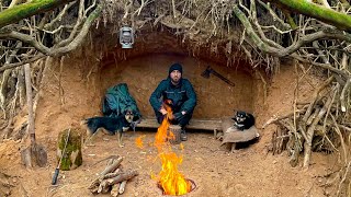 Building an earthen cave under the root of an ancient tree | Survival Skills