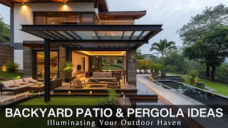 Contemporary Backyard Patio Garden Landscape Lighting, Outdoor Seating & Wooden Pergola Design Ideas