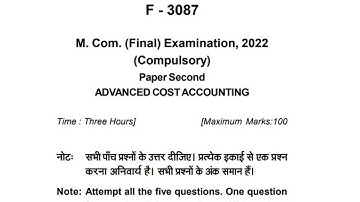 M.Com Final Year Advanced Cost Accounting Question paper 2022 // M.Com 2nd year question paper 2022