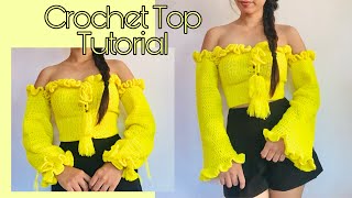 EASY CROCHET TOP Tutorial |Off Shoulder | Long Sleeve | Ruffled | for all sizes | Ryn Top