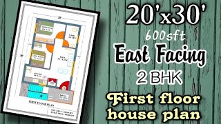 20'x30', 600sqft - East facing, 2 BHK First floor house plan.