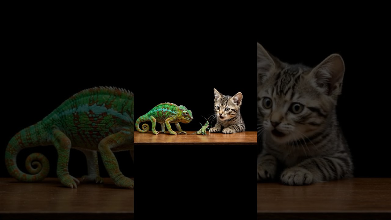 "Chameleon takes revenge on the grasshopper that startled the cat! 🐱🦎"