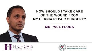 How should I take care of the wound from my hernia repair surgery?