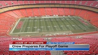 Crews prep field at Arrowhead Stadium for Sunday's divisional game