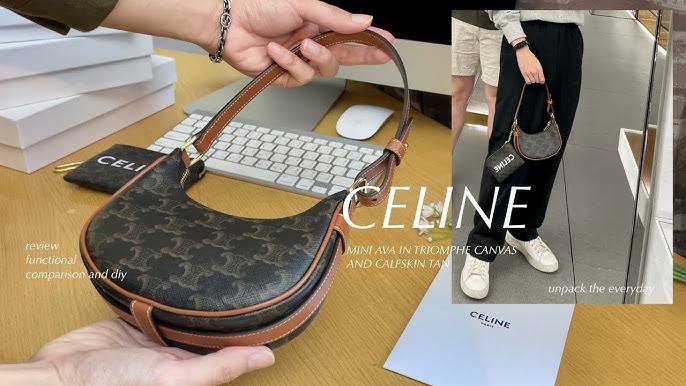 Celine Ava Triomphe Canvas Calfskin Shoulder Bag Tan