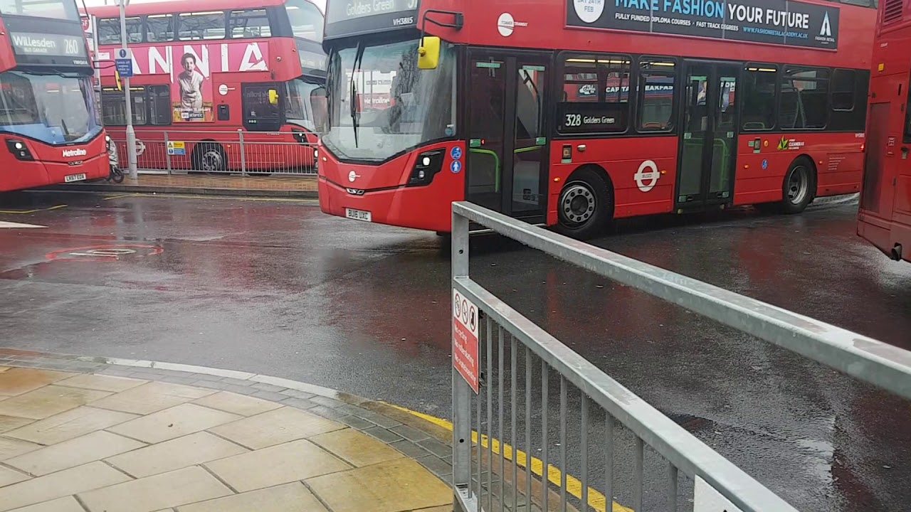 Buses At Golders Green Station in the pouring rain 19th February 2018