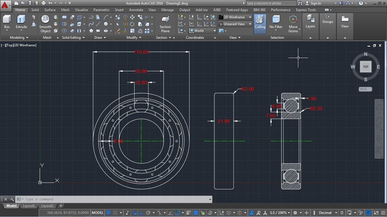 AutoCAD 2D, Ball Bearing No 6212, how to draw ball bearing, autoCAD ...