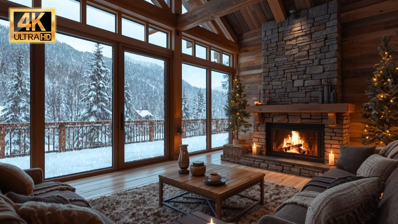 Relaxing Winter Cabin Fireplace ❄️ Snowfall Sounds for Sleep, Study & Calm