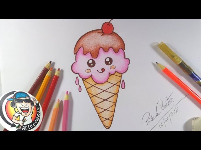 Como desenhar Sorvete de Casquinha Kawaii ❤ Desenhos Kawaii - Desenhos para  Desenhar 