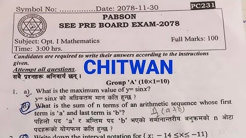 Opt.Math  Question Chitwan PABSON:SEE Pre Board Exam 2078