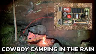 Solo Overnight Cowboy Camping Under a Rocky Overhang During a Rainstorm and Campfire Ravioli