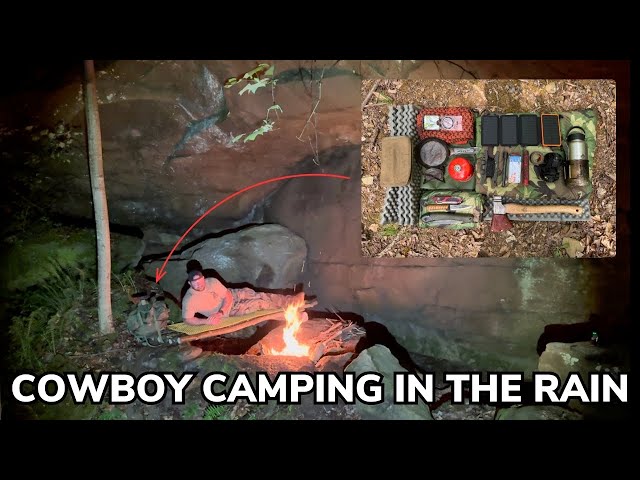 Solo Overnight Cowboy Camping Under a Rocky Overhang During a Rainstorm and Campfire Ravioli class=