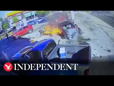 Fiery crash as car slams into petrol pump in California