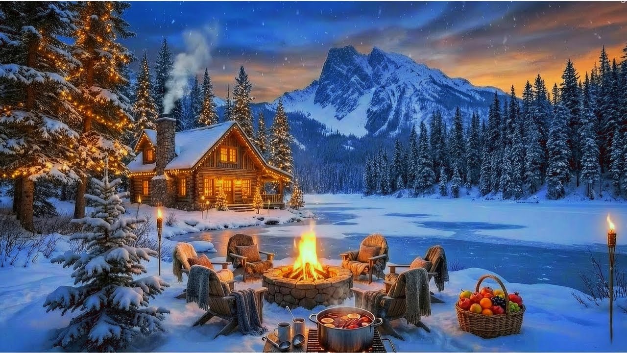 Уютная зимняя хижина - Расслабляющая музыка на пианино и треск костра для сна (4K