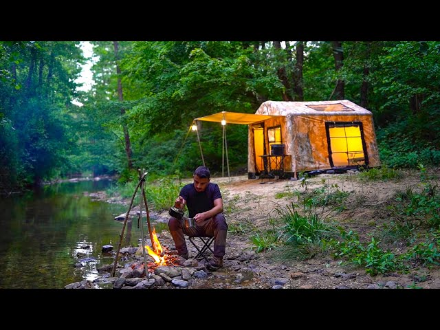 Camping in My Portable Tiny House - Fishing with a Primitive Trap class=