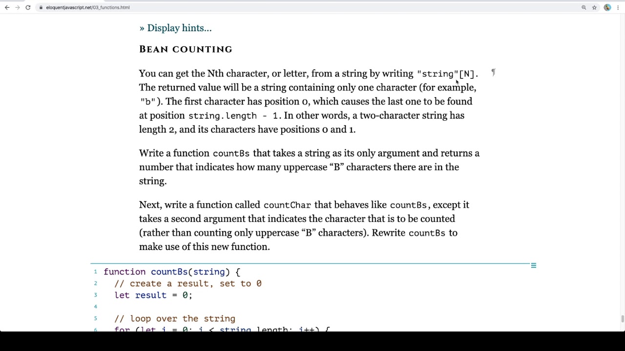 Eloquent JavaScript Read-Along - Functions - Exercises - Bean Counting - YouTube Eloquent Javascript Read-Along - Functions - Exercises - Bean Counting - Youtube