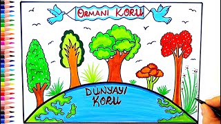 Orman Haftası Resmi Çizimi 🌲🌳 Orman Haftası İle İlgili Resim Çizimi - World Forest Day Drawing