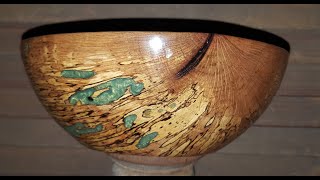 Spalted Oak Bowl with Green Epoxy Filled Bug Holes