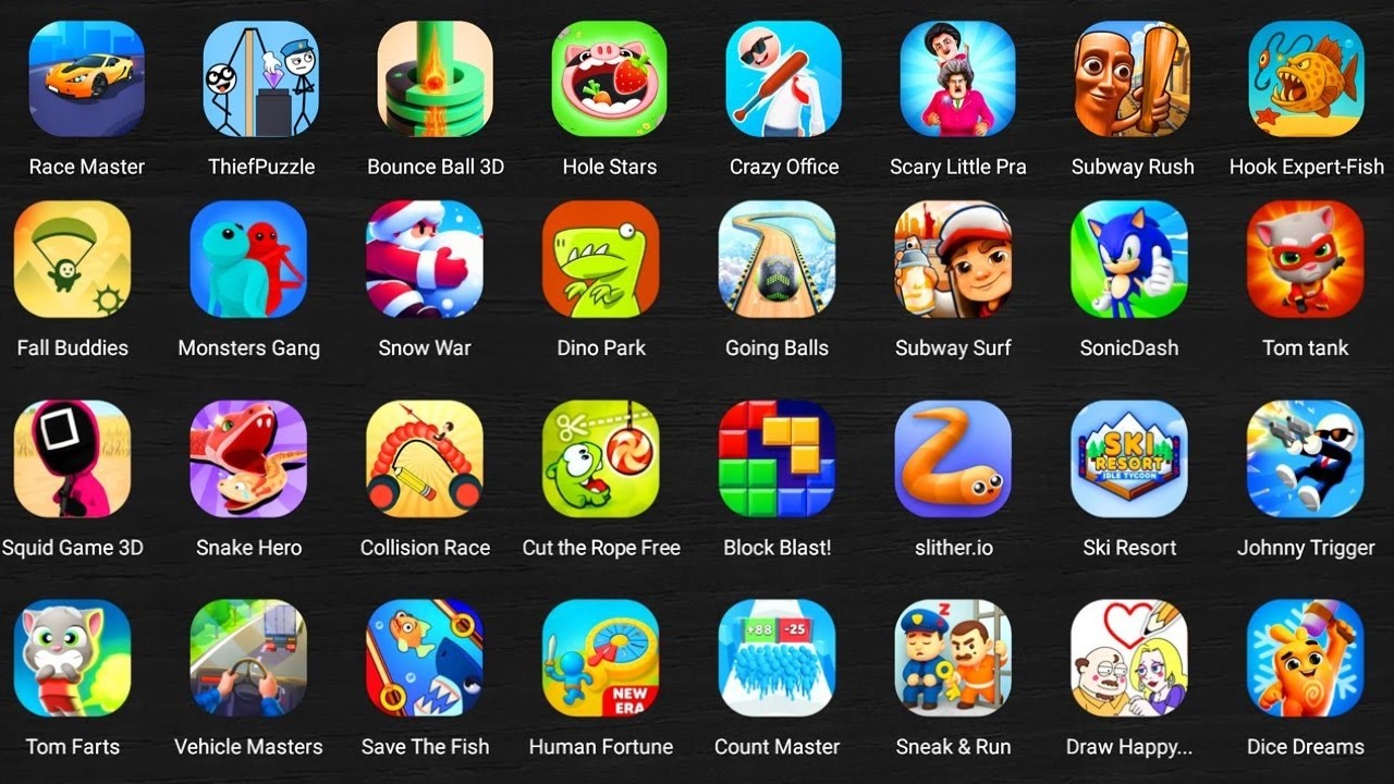 Roblox, Grimace Monster Scary Survival,Squid Game,Help Me Tricky Puzzle,Scary Teacher3D,Stumble Guys