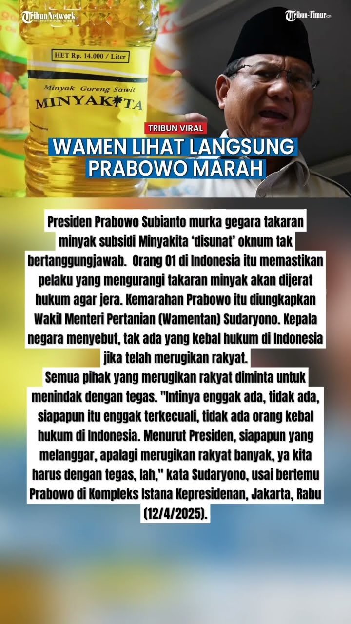 Presiden Prabowo Murka Takaran Minyakita Disunat Oknum, Wamentan Saksinya: Masuk Neraka!