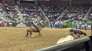 Weatherford College team ropers Jett Stewart and Belden Cox with a 7.0-second run at the CNFR on