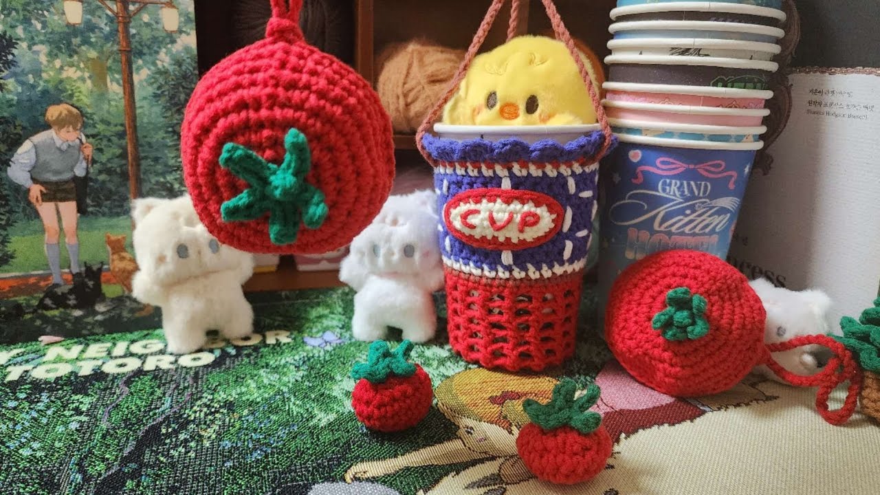 🧶뜨개로그 || 생카 종이컵백🥤 (텀블러백) 뜨기 | 🍅 토마토 버즈 케이스🍅