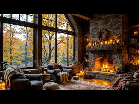 🍁 Cozy Autumn Cabin Ambience in the Woods 🍂 Fireplace Sounds for ...