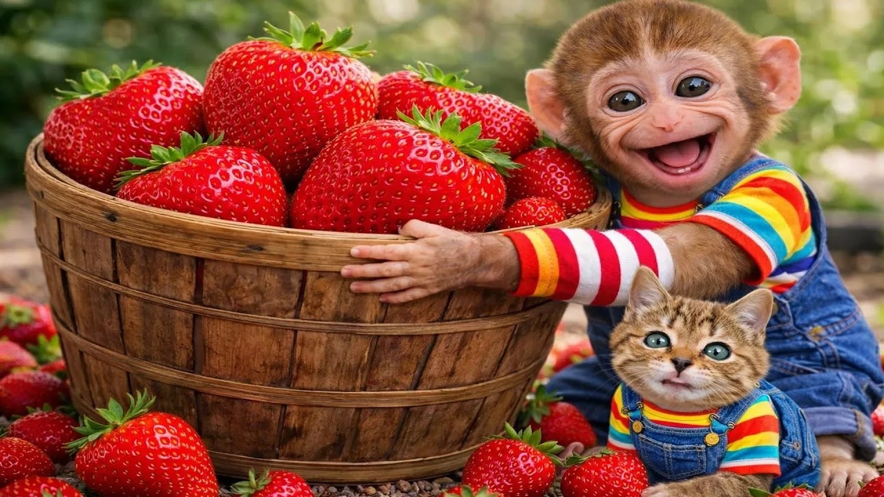 Bebé Dudu recoge fresas dulces con su amigo en un jardín delicioso | MONO DUDU ESP