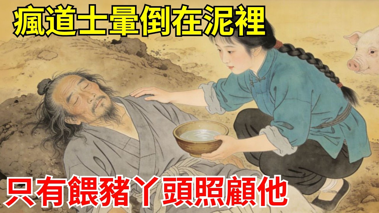 瘋道士暈倒在泥裡，村民關門罵晦氣，只有餵豬丫頭照顧他直到醒來。三天後欽差捧詔宣讀：此女乃天機閣最後傳人！#故事頻道#聽書#民間故事#說書#善有善報#爽文