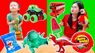 Competition in blue - red, playing with dinosaur toys, food by color - Part 284