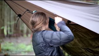 First time wild hammock camping, walk in springtime woodland, tarp shelter