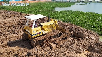 NICE NEW PROJECT ! POWERFUL BULLDOZER KOMATSU D40P PUSH SOIL MUD INTO WATER ! DUMP TRUCK UNLOADING