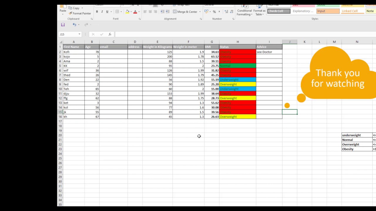 Body mass index Calculation with Colour formating in Excel - YouTube