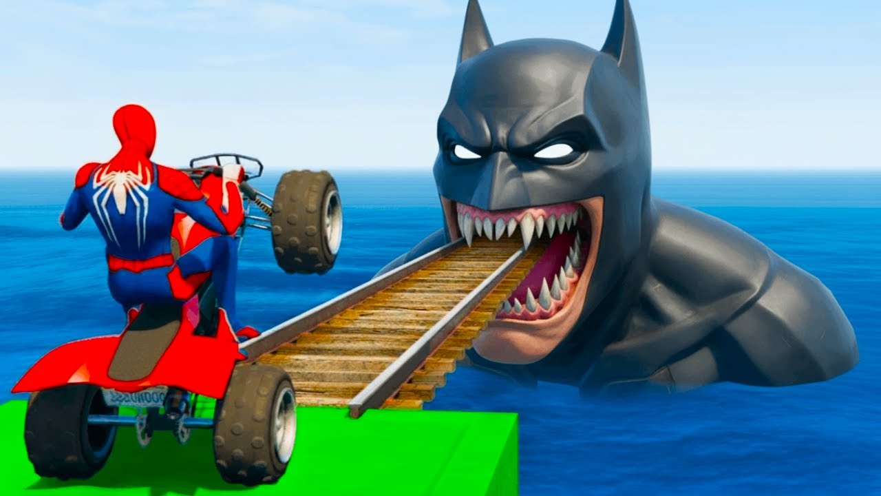 سبايدر مان اصعب دراجة نارية فوق اسماك القرش - Superheroes Ride on Motorcycle Stunt Funny Moments??