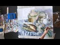 Master class in watercolor. White still life with carps. Акварель. Белый натюрморт с карпами.