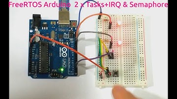 在Arduino上執行 FreeRTOS創建兩個Task(TaskBlink1,TaskBlink2)，加入外部中斷控制，利用Binary semaphores實現中斷與TASK同步