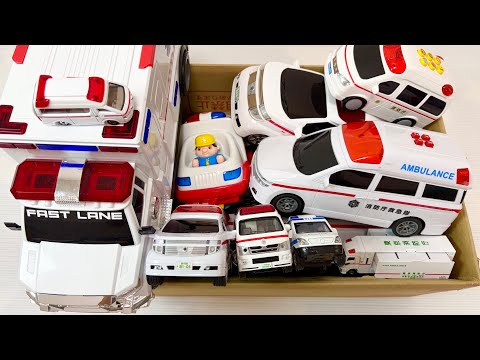 Collecting lots of toy ambulances and checking their buttons and lights! Driving them down a slop...