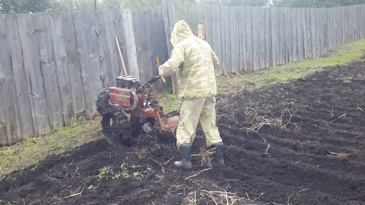 Вспашка огорода плугом мотоблоком Каскад. - YouTube