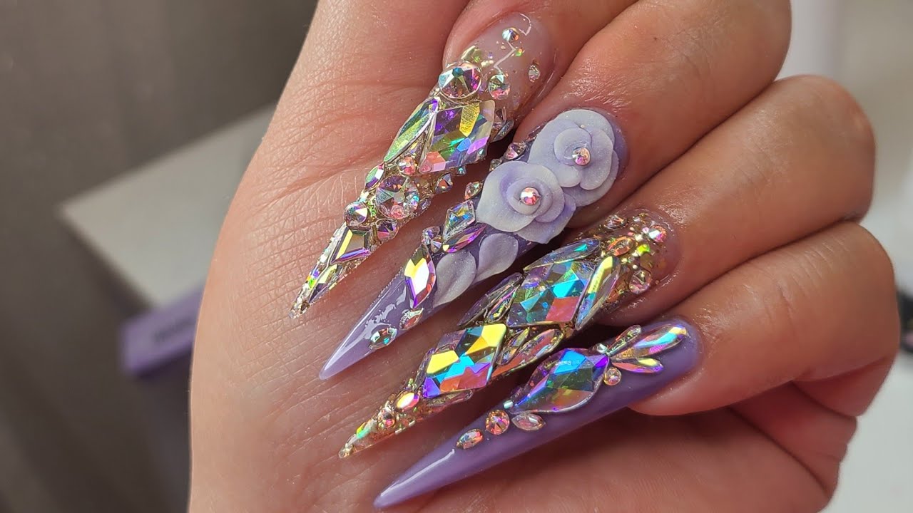 XXl Stiletto purple Bling Nails | 3d roses - YouTube