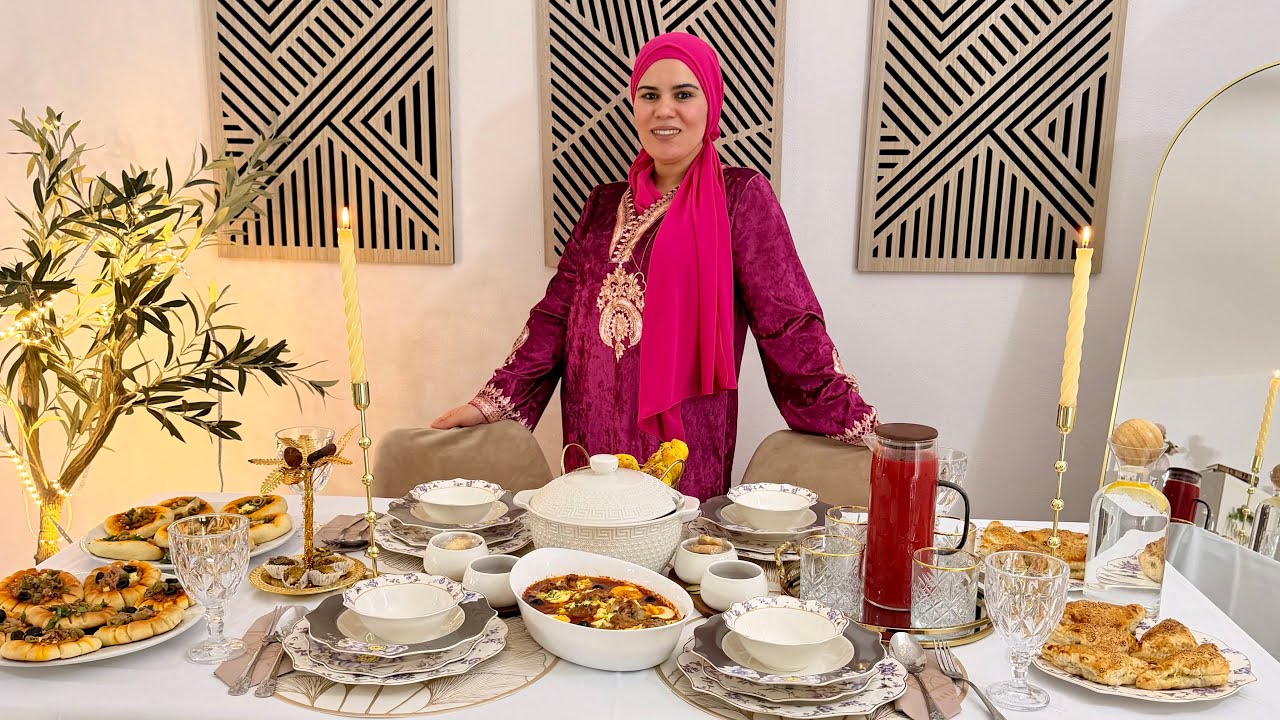 طاولة رمضان 2 🌙 لحمة التن- حريرة مغربية-باتي بالدجاج-ميني بيزا-للتحلية كيكة الفاكية و عصير البرتقال 