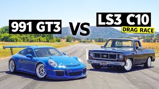 Porsche GT3 vs “Boomhauer” the LS3 V8 Swapped Chevy C10 // THIS vs THAT