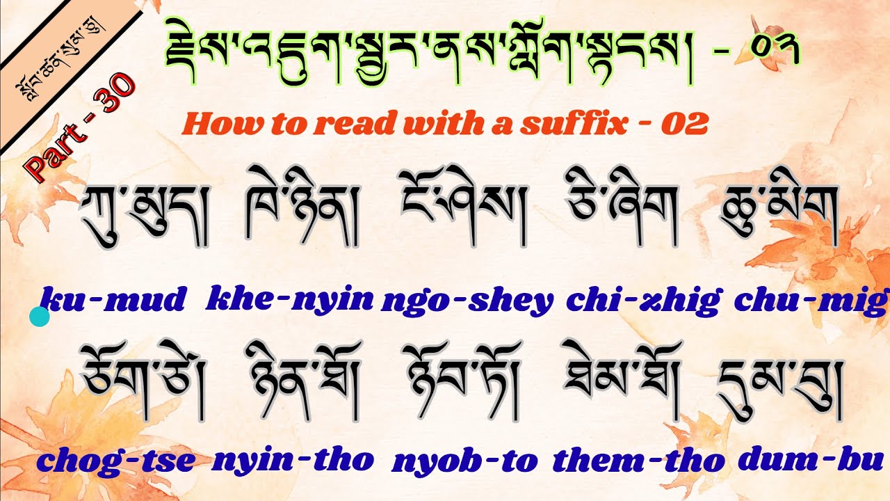 Lesson - 30 རྗེས་འཇུག་སྦྱར་ནས་ཀློག་སྟངས། - ༠༢  How to read with a suffix - 02