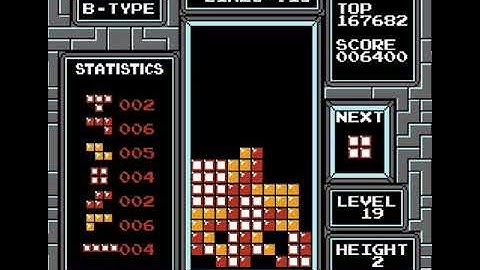 NES classic tetris: Level 19 height 2 (3 TETRIS)