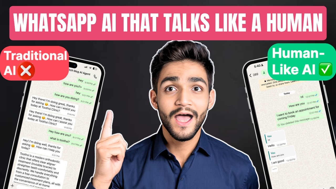 Human-like WhatsApp chatbot demonstration showing typing indicators and threaded replies